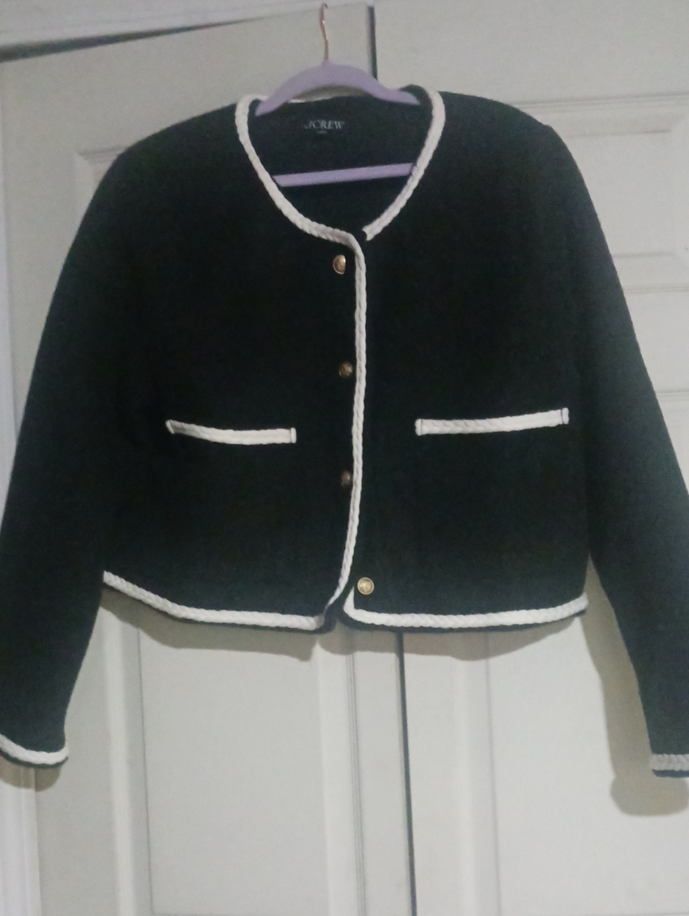 J. Crew Black Cropped Boucle Jacket with White Trim